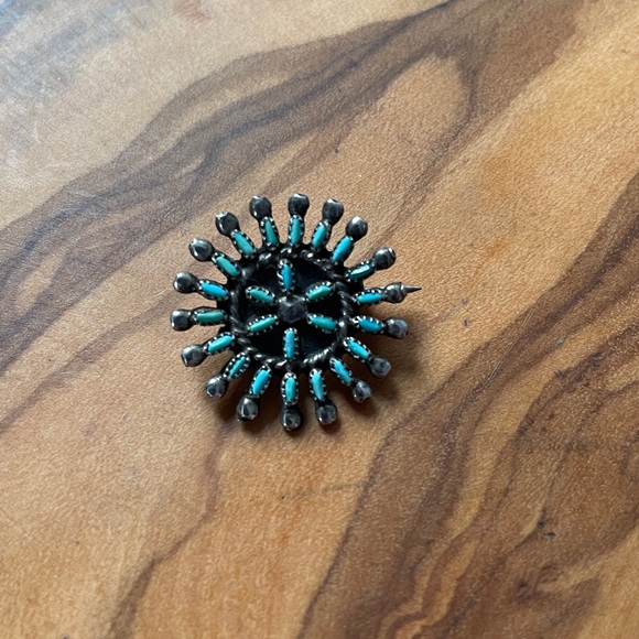 Zuni Sterling Silver Needle Point Turquoise Brooch Pin. - Picture 2 of 8